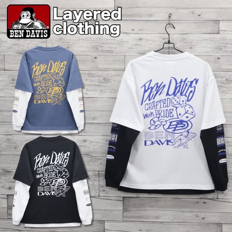 Rakuten - 【送料無料】メンズ ベンデイビス BEN DAVIS BENDAVIS 長袖 半袖 Tシャツ 長袖Tシャツ 半袖Tシャツ ティーシャツ ロンT レイヤード 重ね着 2枚セット 3WAY バックプリント 袖プリント ユニセックス レディース 白 ホワイト ブルー 黒 ブラック