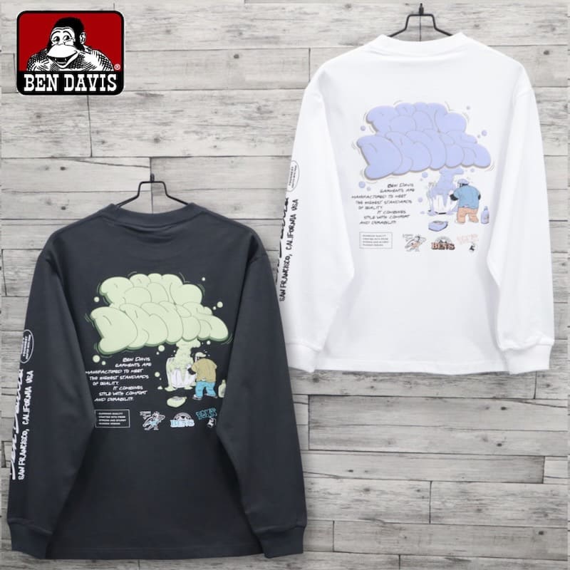 Rakuten - 【送料無料】メンズ ベンデイビス BEN DAVIS BENDAVIS 長袖 Tシャツ 長袖Tシャツ ティーシャツ ロンT バブルロゴ バックプリント 袖プリント ユニセックス レディース 白 ホワイト チャコール グレー