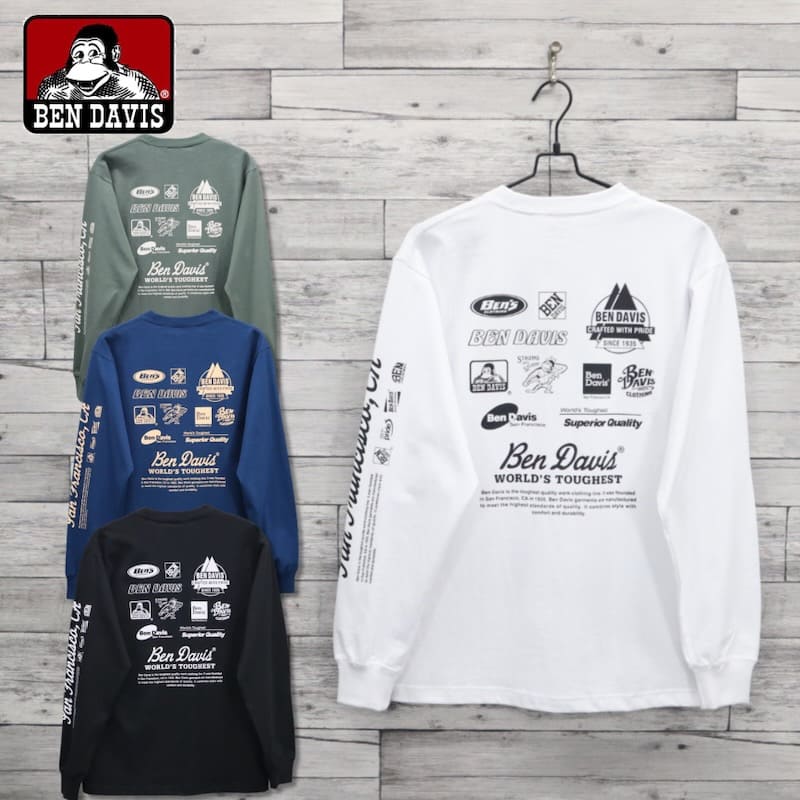 Rakuten - 【送料無料】メンズ ベンデイビス BEN DAVIS BENDAVIS 長袖 Tシャツ 長袖Tシャツ ティーシャツ ロンT ロゴ バックプリント 袖プリント ユニセックス レディース 白 ホワイト グリーン ブルー 黒 ブラック