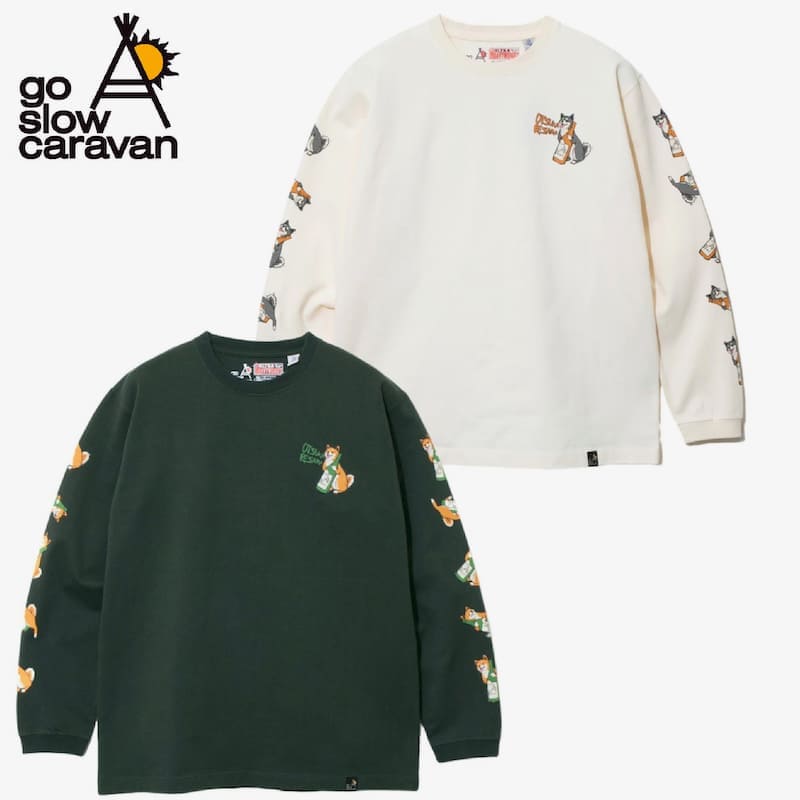 【送料無料】ゴースローキャラバン go slow caravan 長袖 Tシャツ ティーシャツ 袖プリント 柴犬と晩酌 柴犬 シバイヌ 犬 お酒 ユニセックス メンズ レディース 白 オフホワイト グレー スミクロ