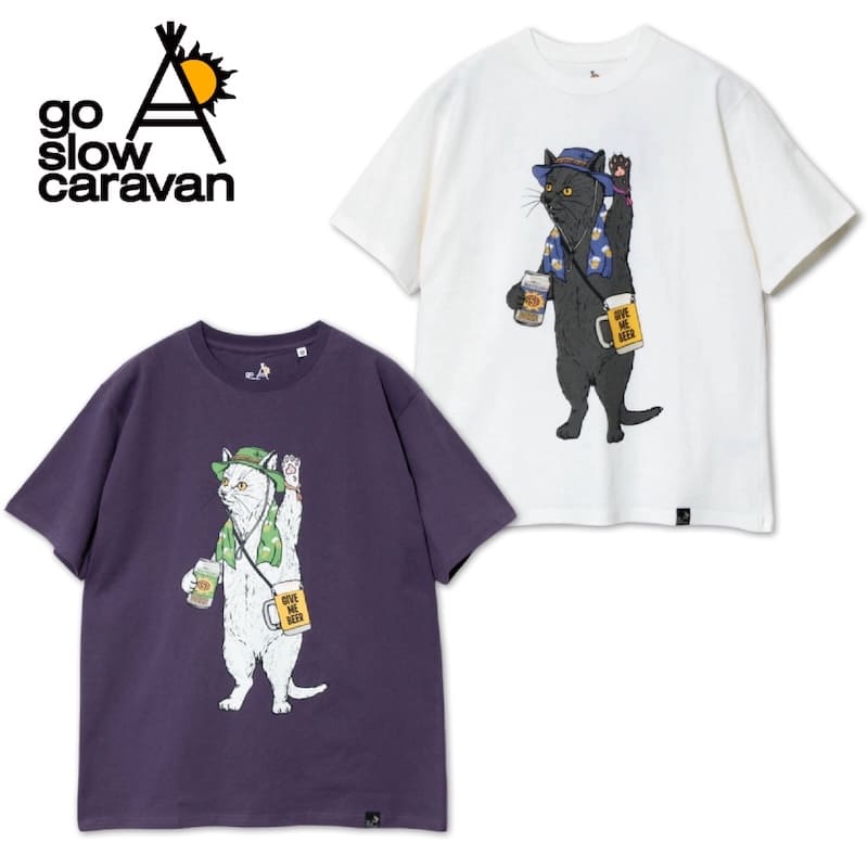 【送料無料】メンズ ゴースローキャラバン フェス ネコ 猫 半袖 Tシャツ 半袖Tシャツ ティーシャツ go slow caravan アニマル プリント ユニセックス レディース コットン 白 ホワイト 紫 パープル バイオレット