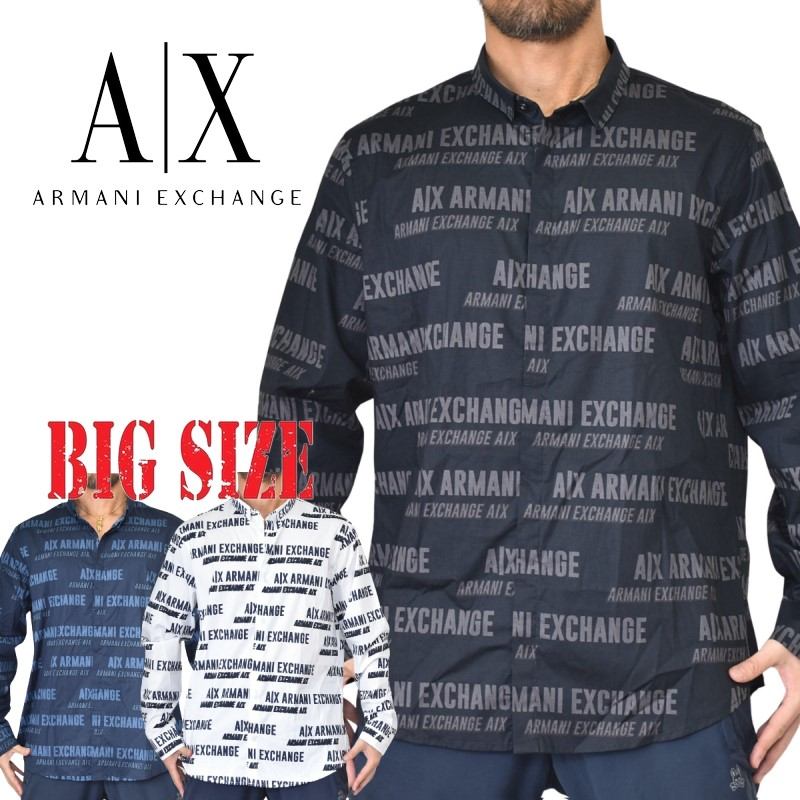 エンポリオ・アルマーニ アルマーニエクスチェンジ A/X ARMANI EXCHANGE ワンポイント 総柄 デザイン カジュアル 長袖シャツ ブラック 黒 SLIM FIT XL XXL 大きいサイズ メンズ あす楽