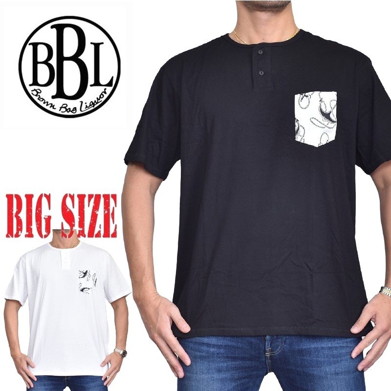 BROWN BAG LIQUOR ブラウンバッグリカー ヘンリーネック 半袖Tシャツ ポケット付き HENLEY ANCHOR 黒 白 XXL XXXL 大きいサイズ メンズ 