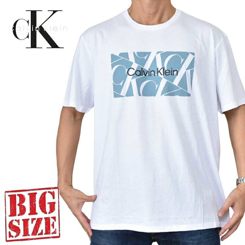 大きいサイズ メンズ CK Calvin Klein カルバンクライン クルーネック 半袖Tシャツ コラージュ ボックスロゴ プリント ホワイト XXL