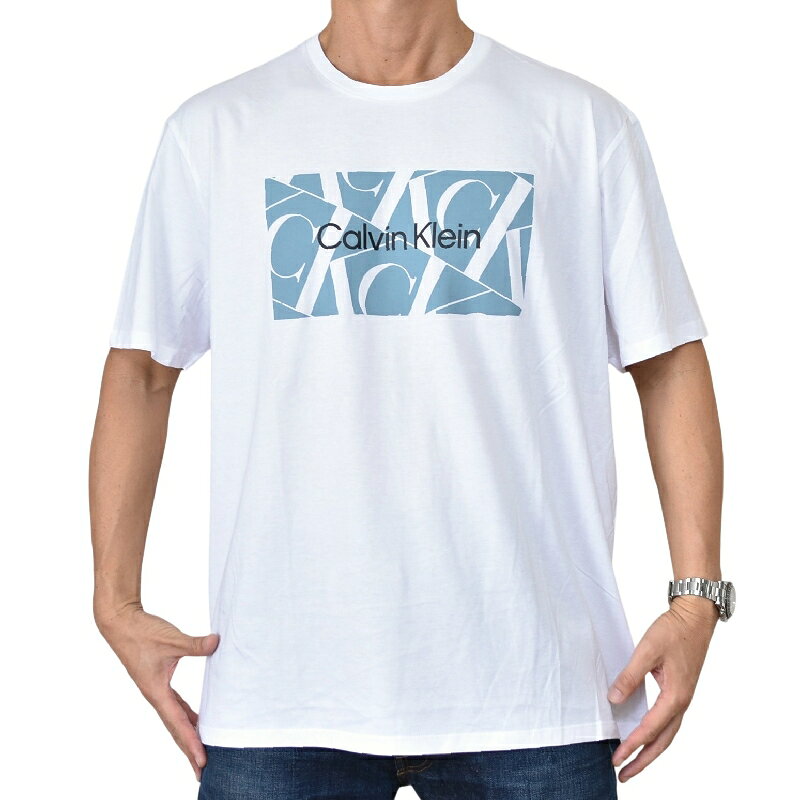大きいサイズ メンズ CK Calvin Klein カルバンクライン クルーネック 半袖Tシャツ コラージュ ボックスロゴ プリント ホワイト XXL