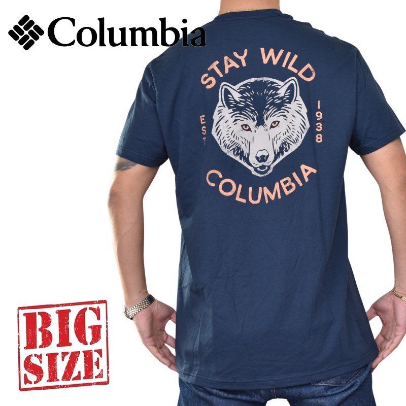 コロンビア Tシャツ メンズ 大きいサイズ メンズ Columbia コロンビア 半袖プリントTシャツ バックプリント ネイビー XL XXL
