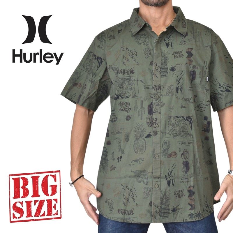 Hurley ハーレー 半袖シャツ 総柄 ポケット CAST AWAY AOP SS BUTTON UP TOP カーキグリーン XXL 大きいサイズ メンズ あす楽