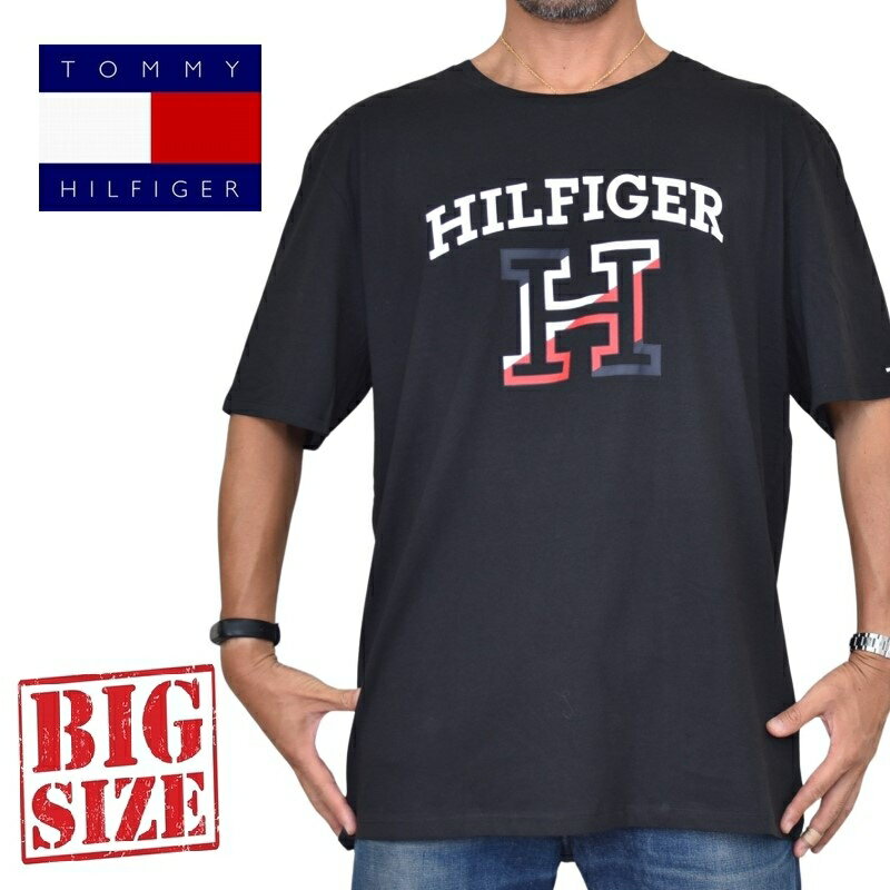 大きいサイズメンズ TOMMY HILFIGER トミーヒルフィガー 半袖Tシャツ クルーネック ロゴプリント 黒 XXL