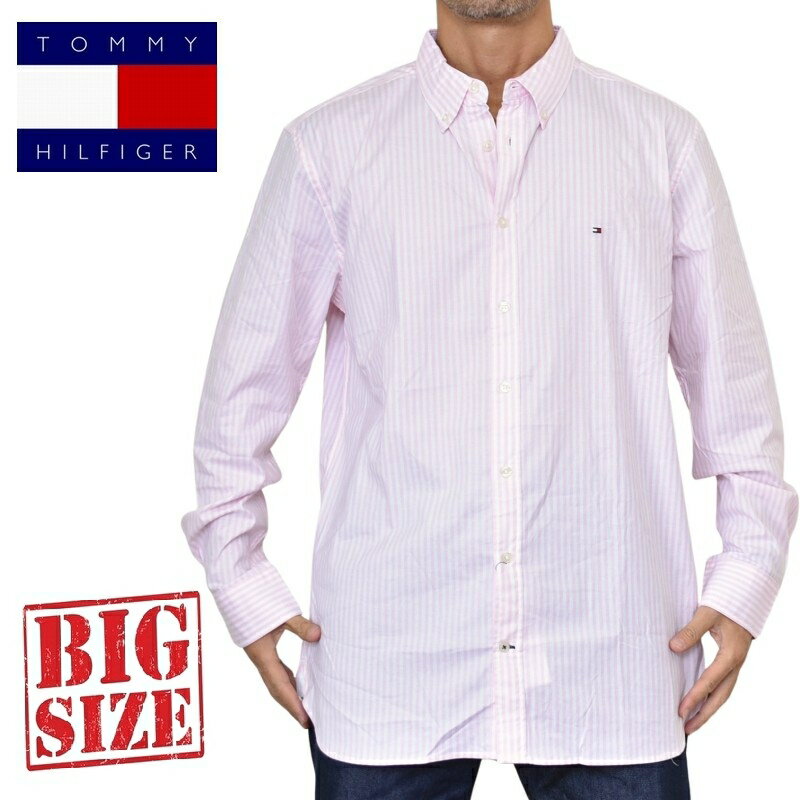 大きいサイズメンズ TOMMY HILFIGER トミーヒルフィガー ストライプ 長袖シャツ ワンポイント ボタンダウン SLIM FIT XXL(4.0)