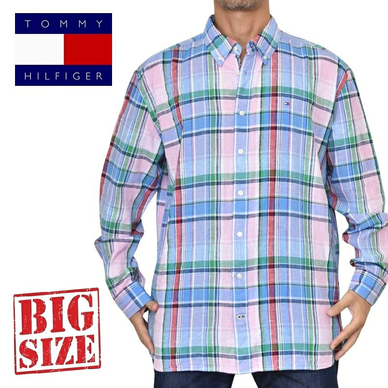 大きいサイズメンズ TOMMY HILFIGER トミーヒルフィガー リネン長袖シャツ チェック柄 ワンポイント ボタンダウン 麻混 REGULAR FIT XXL