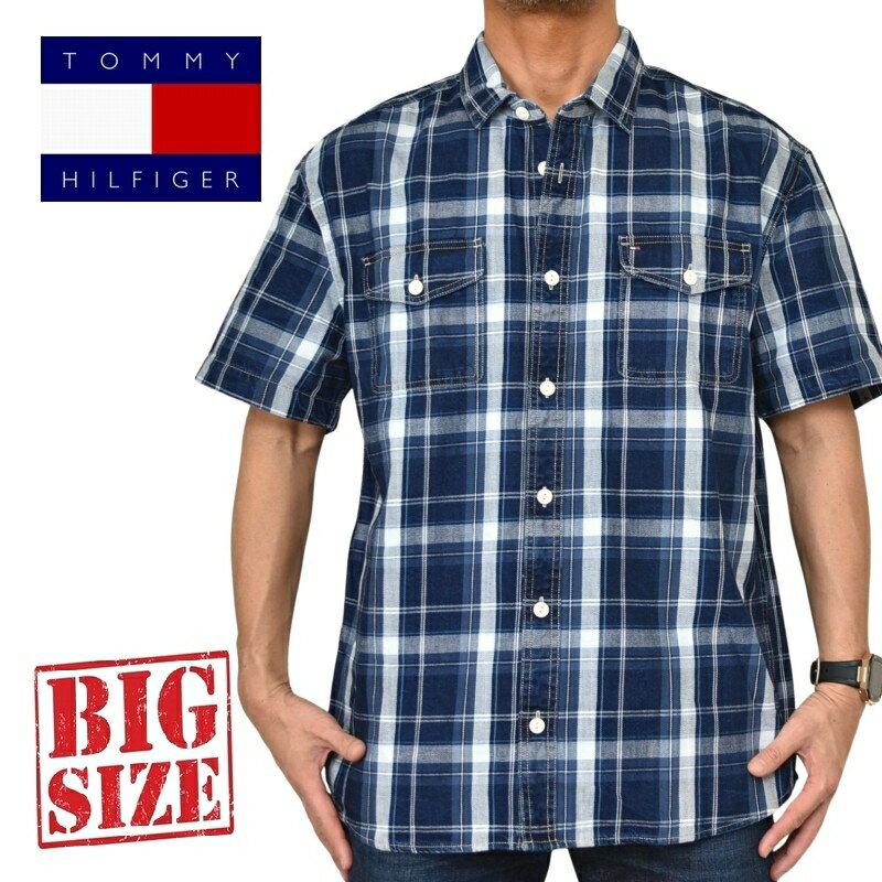 大きいサイズメンズ トミーヒルフィガー TOMMY HILFIGER 半袖 シャツ インディゴ チェック デニムシャツ Indigo Plaid Short Sleeve Shirt XL