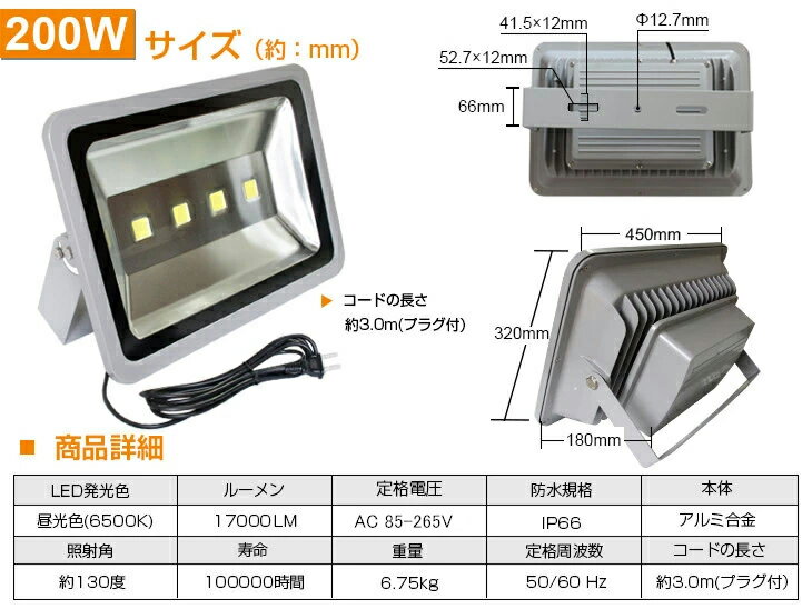 【即納】【12個セット】送料無料 LED 投光器 200W 2000W相当 17000ML 昼光色 6500K 広角130度 防水加工 看板 作業灯 屋外灯 LED投光器 3mコード ［ledライト 看板灯 集魚灯 野外灯 作業灯 駐車場灯 ナイター 屋内 屋外 照明 船舶 人気］ PSE 2