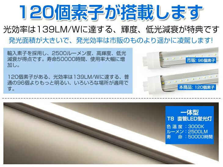 【即納】【15本】LED蛍光灯 電球光 3000K 2500LM T8 一体型 直管 led蛍光灯 40W形 120cm 120個LED素子 消費電力18W T8チップ 高輝度 LEDライト 広角 軽量版 40W型 1205mm 防虫 蛍光灯 led グロー式工事不要