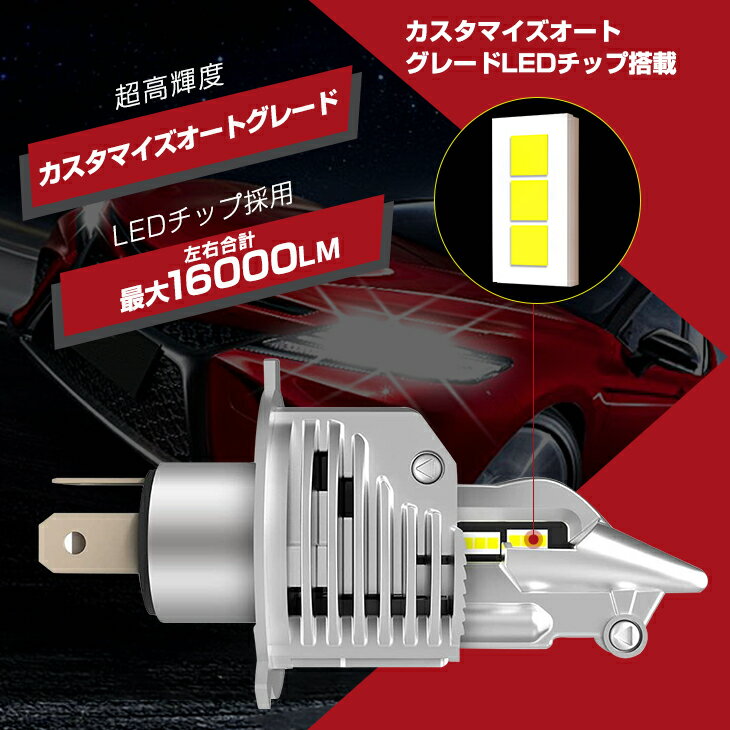 即納！ 三菱 D53A系 エクリプス スパイター ロービーム MITSUBISHI H4 一体型 LED ヘッドライト 16000ルーメン！純正発光 ledライト ハロゲンサイズを再現 LEDバルブ ホワイト 6500K【LEDヘッドライト 白 H4】