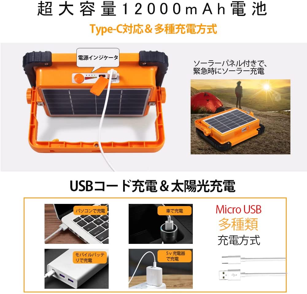 【即納】LED投光器作業灯120WUSB充電式便携12000mAh薄型高輝度五つ点灯モード赤青点滅マグネット付き?外照明キャンプ夜釣りワークライト懐中電灯警示灯防災&停??応日本語説明書付き送料無料