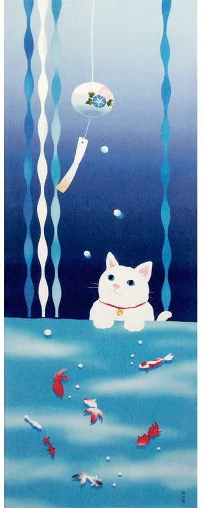 濱文様 絵手ぬぐい 猫と金魚の夏 夏 手拭い 90×34cm 日本手ぬぐい 和柄 おしゃれ 捺染 てぬぐい 手拭き ギフト プレゼント なっせん はまもんよう