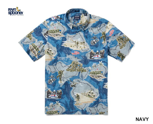 Reynspooner レインスプーナー アロハシャツ MARINES: SEMPER FI アメリカ軍 マリーンズ 海兵隊 メンズ 半袖 ハワイ ブランド 裏生地 リバースプリント ボタンダウン フルオープン アメカジ