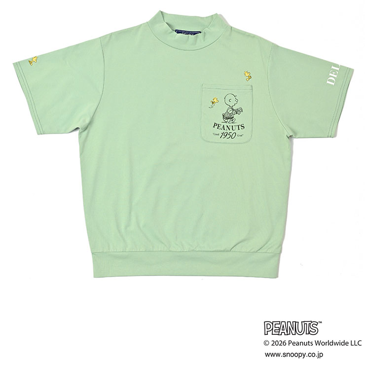 DELSOLxPEANUTS PEANUTSコラボ コットン混半袖ハイネックシャツ ゴルフウェア レディース 真夏 大きいサイズ デルソル ゴルフ M L LL 3L トップス スヌーピー ハイネック トップス ゆったり 女子 ネイビー イエロー グリーン 7934