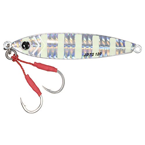 120g07.ゼブラグロー/120g/JPTG-120・Color:07.ゼブラグローStyle:120g・高比重タングステン素材・フロントWアシストフックつき・非対称ボディセンターパランスがタダ巻きでもワンピッチでも自在にアクションします。高比重タングステンのカッ飛び仕様。独自の断面形状により反転流を起こし、安定したフォール姿勢を保ちます。フロントWフックつき。