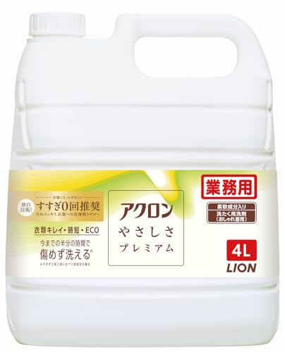 透明/詰替4L/-・パッケージ個数:1・今までの半分の時間※1 で、ライオン史上最高レベルのダメージケア※2 を実現する 柔軟成分入り洗濯用洗剤（おしゃれ着・軽い汚れ用）。・●衣類ダメージの原因である「すすぎ工程」をなくす新技術で、圧倒的なキレイと時短を実現。さらに水・電力・CO2 も約 5 割※1 カット。・●汚れ・ニオイもスッキリ落とす。・●洗剤残りが少ない。アクロン（従来品）すすぎ 1 回と同程度。皮膚科医監修の下肌テスト済み。・●柔軟成分入り。 ●心安らぐグリーンシトラスの香り。 ●液性は中性で蛍光剤無配合。 ※1 すすぎ工程 2 回に比べ、0 回設定の場合 ※2 弱水流コース、すすぎ工程 0 回での仕上がりにおいて商品紹介 今までの半分の時間※1で、ライオン史上最高レベルのダメージケア※2を実現する柔軟成分入り洗濯用洗剤（おしゃれ着用）。〈br〉衣類ダメージの原因である「すすぎ工程」をなくす新技術で、圧倒的なキレイと時短を実現。さらに水・電力・CO2も約5割※1カット。〈br〉※1 すすぎ工程2回に比べ、0回設定の場合〈br〉※2 弱水流コース、すすぎ工程0回での仕上がりにおいて 原材料・成分 成分：界面活性剤、安定化剤、PH調整剤、再汚染防止剤、酵素 ご注意（免責）＞必ずお読みください ご注意（免責）＞ 必ずお読み下さい 在庫完売の際は、お取寄せ又はキャンセルとなる場合がございます。また、Amazon配送予定日と弊社商品お届け予定日は異なる場合もございますので予めご了承下さい。 商品は予告なくパッケージ変更の場合もあります。※お客様都合によるご返品はお受けできません