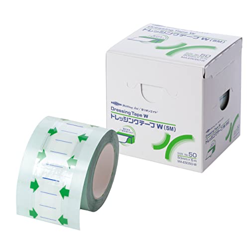 アクリル接着剤透明/50mm×5m/MA-E5050-W・Size:50mm×5m・パッケージ個数:1・【商品の仕様】 ■型番:MA-E5050-W ■幅×長さ:50mm×5m ■内容量:1巻 ■材質:ポリウレタンフィルム、アクリル系粘着剤 ■フィルム厚:20ミクロン(0.02mm) ■スリットタイプ:シングルスリット ■原産国:日本・【しっかり防水】 医療用のガーゼ、パッド等を固定して防水できるロールタイプのフィルムです。フィルム厚20ミクロンでしっかり固定できます。シャワーや入浴時でも安心です。ロールタイプなので必要な大きさに合わせて使用できます。・【ムレにくく、よく伸びる】 水蒸気透過性に優れており、長時間の貼りつけでも蒸れにくく快適な貼りごこちが続きます。高い伸縮性で体の動きにスムーズに順応します。・【床ずれ予防に】 かかとやお尻、脚の付け根などの骨が出っ張ている部分の床ずれの要注意箇所に。ストーマ装具装着部の防水にも。商品紹介 (用途) ・傷を保護するときに使用される医療用のガーゼ、パッドの固定 ・入浴・シャワー時の防水 ・ストーマ装具装着部位の防水 ・床ずれ(褥瘡)対策などにおける皮膚の被覆 ・防水用途の常備品として 安全警告 (使用上の注意) ・ドレッシングテープWは未滅菌ですので、直接カテーテル刺入部や創部に貼付しないでください。貼付部分の水分や汚れはよく拭きとり、清潔にしてください。水気があるとつきにくい場合があります。小児に使用させる場合は、保護者の指導監督のもとに使用してください。本品の使用により、発疹、発赤、かゆみ等があらわれた場合には、使用を中止し、医師または薬剤師に相談してください。救急絆創膏にかぶれやすい方は、注意して使用してください。 (貯蔵及び保管方法) ・直射日光を避け、湿気の少ない涼しい所に保管してください。 小児の手の届かないところに保管してください。