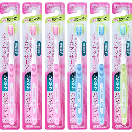 -3.5ピンク/6本/-・パッケージ個数:1・歯ぐきのおとろえが気になりだした方むけの歯周病ケアができる歯ブラシ・歯科医師会推奨商品・色:ピンク、ブルー、グリーン・原産国:中国・内容量:6本商品紹介 システマハグキプラス歯ブラシは、歯ぐきのおとろえが気になりだした方むけの歯周病ケアができる歯ブラシです。 ●段差植毛なので、歯周ポケットにも歯ぐきにもやさしくフィット、高密度の超極細毛で歯ぐきを心地よくマッサージできることが特長です。 ●超極細毛だから、歯周ポケットの奥の汚れをかき出せます。 ●薄型ヘッドで、お口の奥まで届きやすくなりました。 ヘッドの大きさは超コンパクト。毛のかたさはやわらかめです。 原材料・成分 （柄の材質）本体：ポリアセタール、ラバー部：SBC、TPC（毛の材質）飽和ポリエステル樹脂（毛の硬さ）やわらかめ（耐熱温度）80度 使用方法 *毛先を上手に使って、軽く小刻みにみがきましょう。力の入れすぎは、歯ぐきを傷つける原因にもなります。 毛先がひらいたらとりかえましょう 安全警告 毛先がひらいたらとりかえましょう。力の入れすぎは、歯ぐきを傷つける原因になります。