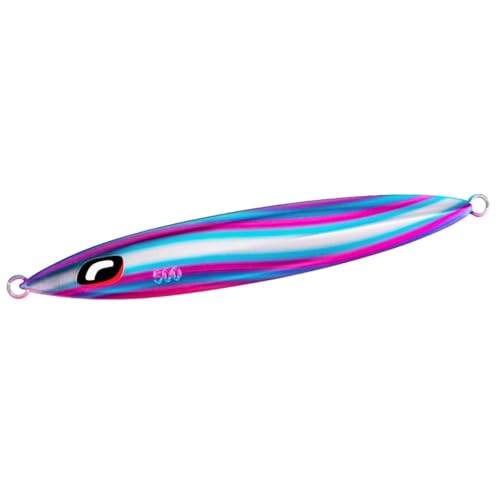 026 ウェービーブルピン/500g/JV-S50T・Color:026 ウェービーブルピンSize:500g・カラー：026 ウェービーブルピン・重量(g)：500・全長(mm)：200根魚・青物なんでもOK！フォールで魅せるパイロットジグ 目指したのは単にスローフォールするジグでは無く、その中に複数の「喰わせの要素」を混ぜ込むこと。サーディンウェバーは大きく分けて3種のフォールアクションを出すことが可能。1つはバックスライド。2つ目はクイックな切り換えしが入るウォブリングフォール。3つ目には前後スライド。この3種のアクションがランダムに入ることで、ジグは“捕食者から逃避するベイト”を演出する。 オートマチックにジグが仕事をしてくれるので、初心者からマニアまで、幅広く使いやすい。開発はセンターサーディンをベースとし、フロントをやや絞ったサイドフラット形状を採用。ジャーク時の抜け感が軽く、青物にきくスピードを活かしたアクション変化が出しやすい。スティンガーバタフライウイングと比較し沈下速度も速いため、テンポ良いフォールの釣りを組み立てることができる。