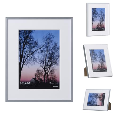 ハクバ (HAKUBA) 額縁 アルミ額 HFA-03 2Lサイズ シルバー 日本製 Vカットマット 吊り紐・スタンド付 ガラス板 HF 送料無料