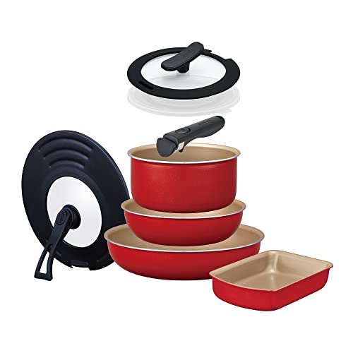 エバークック フライパンセット 8点セット 【ミニハンドル・兼用カバーのついたセット】 着脱式 IH対応 レッド 1年 ドウシシャ 送料無料