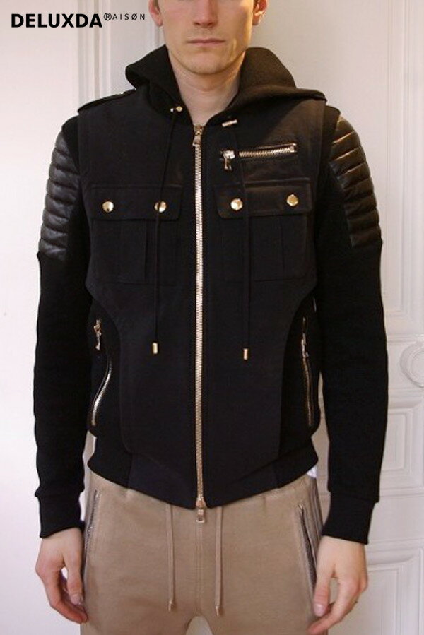 【正規代理店商品】BALMAIN バルマン AW レザー 切り返し パーカー 62.J821.D553-176(BLACK)