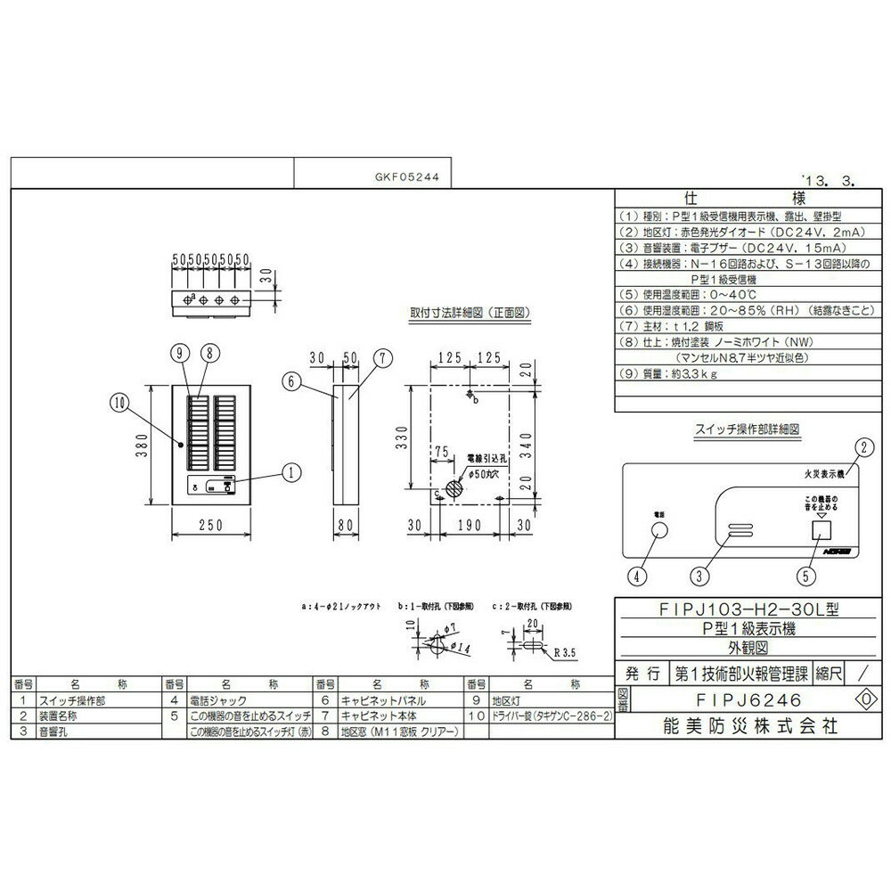 FIPJ103-H2-30L 表示機 P型1級 30回線 壁掛型 能美防災 ( NOHMI ) ノーミ