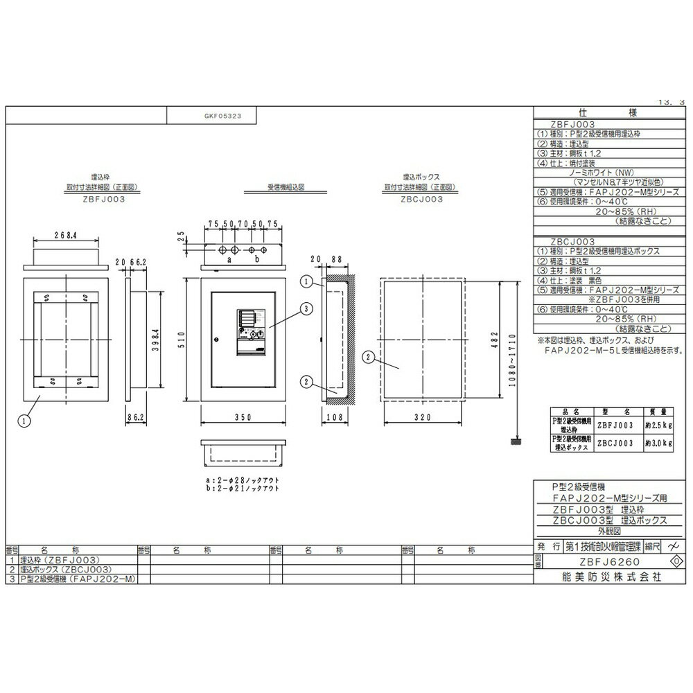 ZBCJ003 P型2級受信機用 埋込ボックス 能美防災 ( NOHMI ) ノーミ