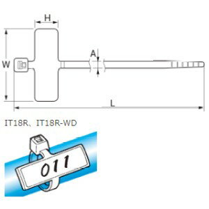 ヘラマンタイトン ■型番：IT18R□マーキングタイ（66ナイロン標準）□材質：66ナイロン□色：乳白□グレード：標準□結束径Φ(mm)：7.0～23□全長L：100mm□幅A：2.5mm□タグサイズH：8.0□タグサイズW：25.0
