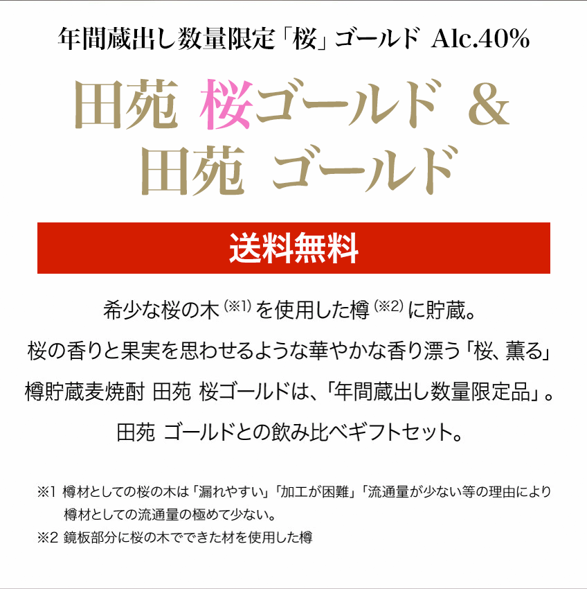 桜樽の香り 麦焼酎 お歳暮 ギフト 田苑 桜ゴールド＆ゴールド 720ml 2本セット 40度 25度 焼酎 樽貯蔵 むぎ焼酎 飲み比べセット プレゼント 父の日 母の日 お酒 プレゼント 贈答 誕生日 糖質ゼロ プリン体ゼロ 還暦祝 御礼 御祝 内祝 感謝 母 父 〈焼酎6153〉