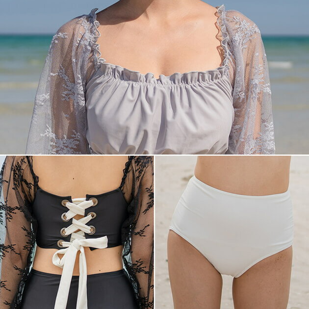 ビキニセット 水着2点セット 袖付き水着 長袖 レース袖 新作 可愛い セパレート スイムウェア スイミング 女性 レディース ママ水着 海 プール ビーチ