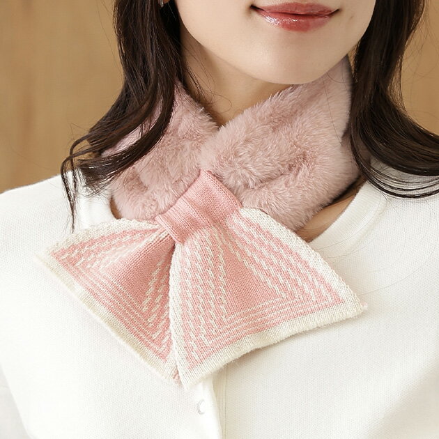 Rakuten - 異素材 リボン デザイン ファー ティペット マフラー レディース 女性 秋 冬 ふわふわ あたたかい ソフト 配色 防寒 保温 小顔効果 可愛い キュート スイート ガーリー デイリー 普段使い おしゃれ おでかけ デート イベント パーティー
