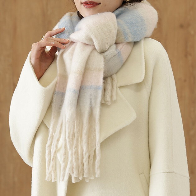 ボーダー柄 シャギー ウールタッチ フリンジ ストール マフラー レディース 女性 秋 冬 大判 ロング 長い あたたかい ソフト 防寒対策 保温 ボリューム おしゃれ フェミニン カジュアル 可愛い キュート トレンド 普段使い デイリー おでかけ