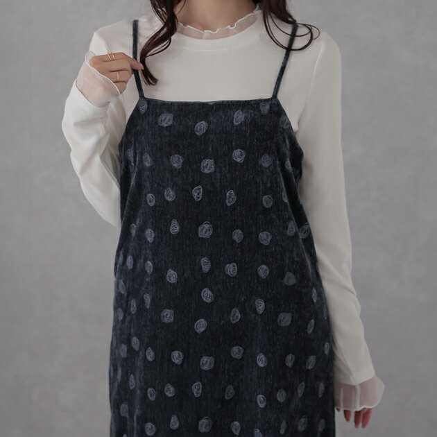 ドット柄 Iライン キャミソール ワンピース 女性 レディース オールインワン スカート 春 秋 冬 タイト 配色 水玉 カジュアル 大人 ノースリーブ 重ね着 レイヤード ドレッシー キュート 可愛い
