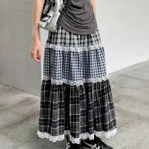 パッチワーク プリント ティアード ロング スカート ボトムス 女性 レディース 春 夏 秋 冬 オールシーズン 3段 チェック柄 ドット柄 フリル ボリューム ウエストゴム 楽ちん おしゃれ 着映え レトロ 可愛い キュート ガーリー スイート おでかけ
