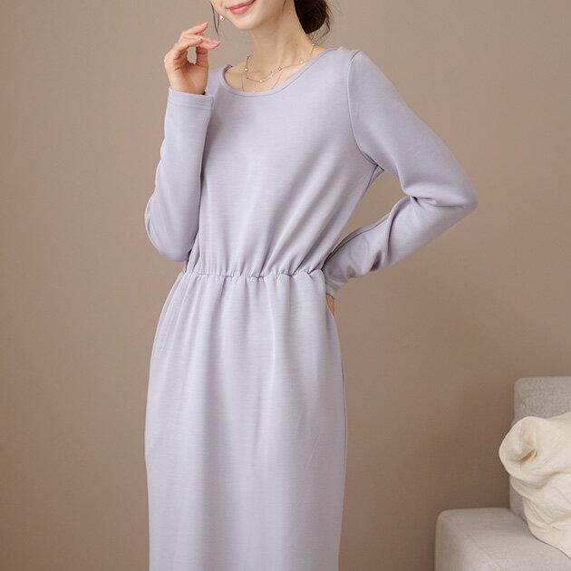 Rakuten - DAYRA ウエスト ギャザー 長袖 ロング ワンピース ラウンドネック セットインスリーブ 女性 レディース 春 秋 冬 単色 ワンカラー 無地　着やすい ソフト エレガント 女性らしい フェミニン 大人女子 きれいめ 脚長効果 シンプル 着回し