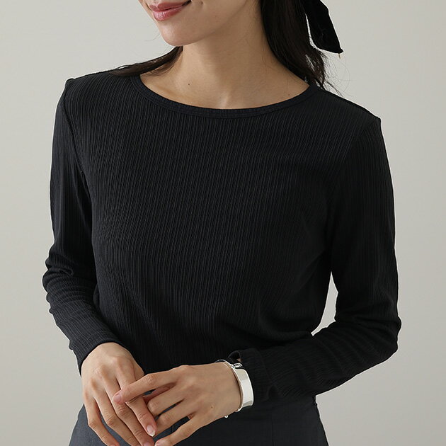 ランダム リブ ストレッチ 長袖 カットソー トップス ラウンドネック セットインスリーブ 女性 レディース 春 秋 冬 単色 ワンカラー 無地 フィット 伸縮性 シンプル ミニマム フェミニン きれいめ おしゃれ 普段使い デイリー おでかけ 着回しのサムネイル