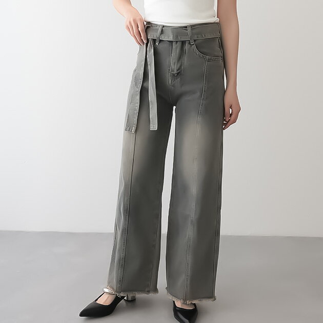 ヴィンテージ風 ベルト付き ハイウエスト ワイド デニムパンツ ボトム レディース オールシーズン ジー..