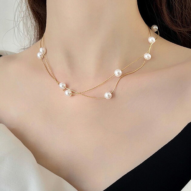 Rakuten - 2連 メタリック ニュアンス パール ネックレス アクセサリー 女性 レディース 春 夏 秋 冬 オールシーズン 首飾り ゴールド フェミニン おしゃれ 華やか 上品 エレガント ドレスアップ ドレッシー お呼ばれ パーティー 結婚式 謝恩会