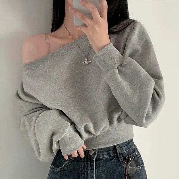 ワンショルダー ショート 長袖 カット プルオーバー トップス クルーネック ドロップショルダー 女性 レディース 春 秋 冬 単色 ワンカラー 無地 ソフト 着心地がいい ゆったり リラックス 抜け感 こなれ感 カジュアル おしゃれ トレンド おでかけ