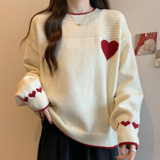 乐天商城 - 配色 ハート柄 ジャカード ニット プルオーバー トップス ドロップショルダー 長袖 クルーネック 女性 レディース 秋 冬 オーバーサイズ ゆったり 着丈長め 体型カバー あたたかい 着映え おしゃれ かわいい キュート ガーリー スイート おでかけ