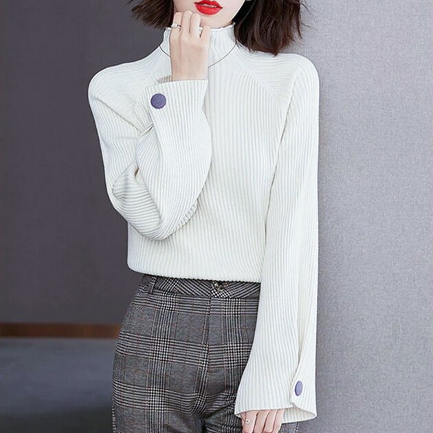 乐天商城 - ハイネック 袖ボタン付き 長袖 ニット プルオーバー 女性 レディース トップス セーター 秋 冬 タートルネック ボトルネック 畦編み 単色 無地 カジュアル きれいめ 大人 ゆったり ドロップショルダー こなれ感 体型カバー