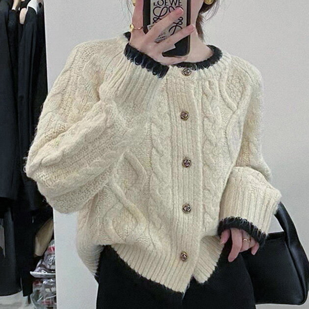 乐天商城 - ヘム ライン コンパクト ケーブル ニット カーディガン 女性 レディース トップス 春 秋 冬 セーター 羽織り 単色 無地 シンプル カジュアル 編み柄 ボリューム ローゲージ ミドルゲージ ウォーミー ガーリー アンティーク クラシカル
