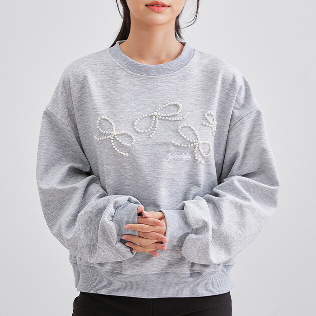 パール リボン 長袖 刺繍 プルオーバー 女性 レディース トップス 春 秋 冬 スウェット トレーナー 単色 無地 シンプル カジュアル デート 可愛い ガーリー ラウンドネック クルーネック ゆったり 体型カバー ストリート