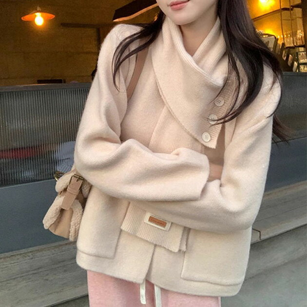 樂天商城 - 2WAY ソリッドカラー マフラー付き 長袖 ニット カーディガン 女性 レディース 羽織り セーター トップス 秋 冬 単色 無地 カジュアル きれいめ 大人 シンプル ミニマル 上品 ストール タイ 着まわし ボックスシルエット ジャケット アウター