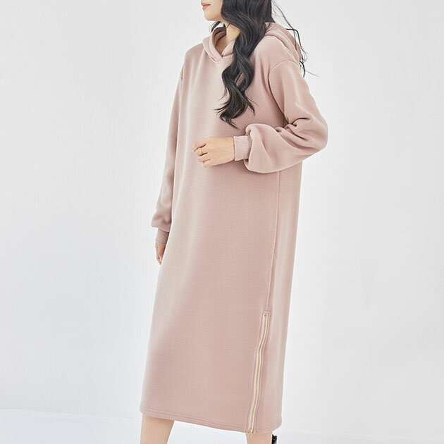 Rakuten - ソリッドカラー 裏起毛 ファスナースリット パーカー ワンピース 女性 レディース トップス スカート オーインワン 秋 冬 長袖 単色 無地 フーディ ミドル丈 ひざ下丈 カジュアル ラフ ストリート 普段着 ゆったり 体型カバー シンプル ミニマル